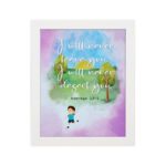 Wall art for kids featuring a child under a tree with the verse I will never leave you, I will never desert you from Hebrews 13:5. hung on the wall in a white frame