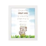 Raccoon with Bible verse God showed His great love for us by sending Christ to die for us while we were still sinners Romans 5:8 wall art for kids. hung on the wall in a white frame