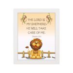 Friendly lion illustration with the verse The Lord is my shepherd, he will take care of me on a light peach background. hung on the wall in a white frame