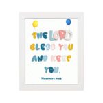 A cartoon panda in a blue shirt with the text Be joyful in hope, patient in affliction, faithful in prayer surrounded by yellow splashes. hung on the wall in a white frame