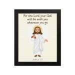 Jesus holding a staff with the verse For the Lord your God will be with you on cream background wall art for kids. hung on the wall in a black frame