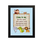 Bible verse wall art for kids with Matthew 11:28 and cartoon animals on a light blue background. hung on the wall in a black frame