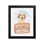 He Has Called Me By Name And I Am His Isaiah 43:1 wall art with a golden retriever and wooden sign for kids' room decor. hung on the wall in a black frame