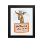 Jeremiah 29:11 Bible verse wall art featuring a cheerful giraffe on a sky-blue background, designed for children's rooms. hung on the wall in a black frame