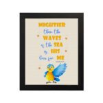 Wall art featuring a blue and yellow bird with the verse Mightier than the waves of the sea is His love for me from Psalm 93:4. hung on the wall in a black frame