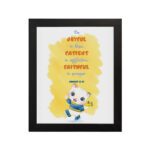 Be Joyful in Hope, Patient in Affliction, Faithful in Prayer Bible verse wall art with a cute cartoon panda in bright colors. hung on the wall in a black frame