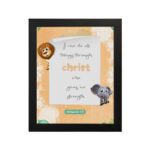 I Can Do All Things Through Christ Philippians 4:13 Bible Verse Wall Art featuring a lion and elephant for kids' room decor. hung on the wall in a black frame