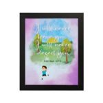 Wall art for kids featuring a child under a tree with the verse I will never leave you, I will never desert you from Hebrews 13:5. hung on the wall in a black frame