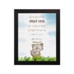 Raccoon with Bible verse God showed His great love for us by sending Christ to die for us while we were still sinners Romans 5:8 wall art for kids. hung on the wall in a black frame