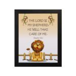 Friendly lion illustration with the verse The Lord is my shepherd, he will take care of me on a light peach background. hung on the wall in a black frame