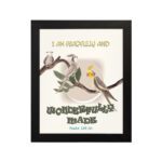 Christian wall art with birds and I am Fearfully and Wonderfully Made Psalm 139:14 verse on a beige background. hung on the wall in a black frame