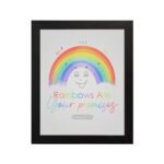 Cheerful rainbow wall art with the text Rainbows Are Your Promises in colorful letters, designed for kids' room decor. hung on the wall in a black frame