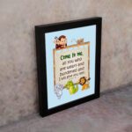 Bible verse wall art for kids with Matthew 11:28 and cartoon animals on a light blue background. displayed on the wall in a black frame