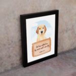 He Has Called Me By Name And I Am His Isaiah 43:1 wall art with a golden retriever and wooden sign for kids' room decor. displayed on the wall in a black frame