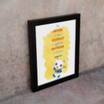 Be Joyful in Hope, Patient in Affliction, Faithful in Prayer Bible verse wall art with a cute cartoon panda in bright colors. displayed on the wall in a black frame