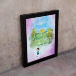 Wall art for kids featuring a child under a tree with the verse I will never leave you, I will never desert you from Hebrews 13:5. displayed on the wall in a black frame