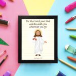 Jesus holding a staff with the verse For the Lord your God will be with you on cream background wall art for kids. displayed on the wall in a black frame in a colorful background