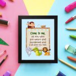 Bible verse wall art for kids with Matthew 11:28 and cartoon animals on a light blue background. displayed on the wall in a black frame in a colorful background