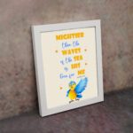 Wall art featuring a blue and yellow bird with the verse Mightier than the waves of the sea is His love for me from Psalm 93:4. displayed on the wall in a white frame