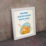 Jesus Christ Is The Same Yesterday Today And Forever Hebrews 13:8 with a cartoon tiger cub on a light blue background. displayed on the wall in a white frame