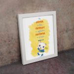 Be Joyful in Hope, Patient in Affliction, Faithful in Prayer Bible verse wall art with a cute cartoon panda in bright colors. displayed on the wall in a white frame