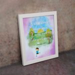 Wall art for kids featuring a child under a tree with the verse I will never leave you, I will never desert you from Hebrews 13:5. displayed on the wall in a white frame