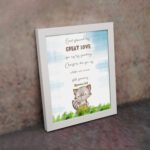 Raccoon with Bible verse God showed His great love for us by sending Christ to die for us while we were still sinners Romans 5:8 wall art for kids. displayed on the wall in a white frame