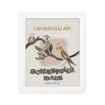 Christian wall art with birds and I am Fearfully and Wonderfully Made Psalm 139:14 verse on a beige background. hung on the wall in a white frame