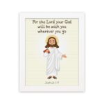 Jesus holding a staff with the verse For the Lord your God will be with you on cream background wall art for kids. hung on the wall in a white frame