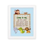 Bible verse wall art for kids with Matthew 11:28 and cartoon animals on a light blue background. hung on the wall in a white frame