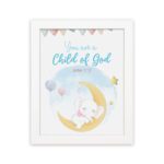 You Are a Child of God wall art featuring a white elephant on a crescent moon with stars and pastel flags. hung on the wall in a white frame