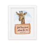 Jeremiah 29:11 Bible verse wall art featuring a cheerful giraffe on a sky-blue background, designed for children's rooms. hung on the wall in a white frame