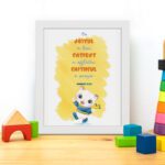 Be Joyful in Hope, Patient in Affliction, Faithful in Prayer Bible verse wall art with a cute cartoon panda in bright colors. displayed on the table in a white frame