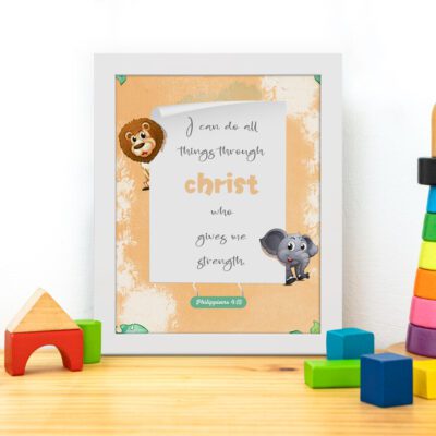 I Can Do All Things Through Christ Philippians 4:13 Bible Verse Wall Art featuring a lion and elephant for kids' room decor. displayed on the table in a white frame