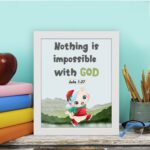 Wall art for kids featuring a happy cat in a Santa outfit holding a gift with the text Nothing is impossible with God. displayed on the table in a white frame