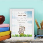 Raccoon with Bible verse God showed His great love for us by sending Christ to die for us while we were still sinners Romans 5:8 wall art for kids. displayed on the table in a white frame