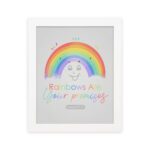 Cheerful rainbow wall art with the text Rainbows Are Your Promises in colorful letters, designed for kids' room decor. hung on the wall in a white frame