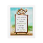 Wall art featuring a happy monkey holding a sign with the verse 'Think only about the things in heaven' from Colossians 3:2. hung on the wall in a white frame