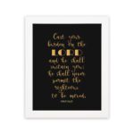 Cast Your Burden on the Lord Psalm 55:22 gold text on black background Christian wall art. Wall Art hung on the wall in a white frame