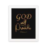 Infidu wall art with the text "GOD will provide" in gold font on a black background, referencing Philippians 4:19. hung on the wall in a white frame