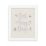 Cook Sing Dance kitchen wall art with pastel pink tones, a beige background, and musical notes.