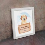 He Has Called Me By Name And I Am His Isaiah 43:1 wall art with a golden retriever and wooden sign for kids' room decor. displayed on the wall in a white frame