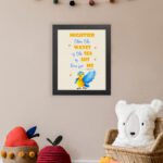 Wall art featuring a blue and yellow bird with the verse Mightier than the waves of the sea is His love for me from Psalm 93:4. displayed on the wall in a black frame