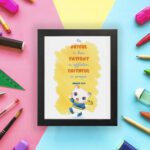 Be Joyful in Hope, Patient in Affliction, Faithful in Prayer Bible verse wall art with a cute cartoon panda in bright colors. displayed on the wall in a black frame in a colorful background