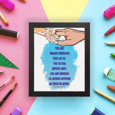 Wall art depicting two hands holding each other with the verse Let the little children come to me in blue text on a watercolor background. displayed on the wall in a black frame in a colorful background