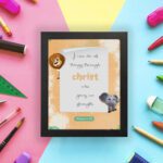 I Can Do All Things Through Christ Philippians 4:13 Bible Verse Wall Art featuring a lion and elephant for kids' room decor. displayed on the wall in a black frame in a colorful background