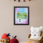 Wall art for kids featuring a child under a tree with the verse I will never leave you, I will never desert you from Hebrews 13:5. displayed on the wall in a black frame