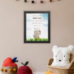 Raccoon with Bible verse God showed His great love for us by sending Christ to die for us while we were still sinners Romans 5:8 wall art for kids. displayed on the wall in a black frame