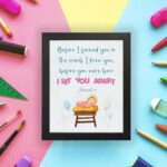 Baby in a crib with pastel balloons and Jeremiah 1:5 Bible verse, Before I Formed You in the Womb. Wall art for kids' room decor. displayed on the wall in a black frame in a colorful background