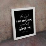 The Lord Remembers Us And Will Bless Us - Psalm 115:12 Bible Verse Wall Art on a black background with white text. displayed on the wall in a white frame